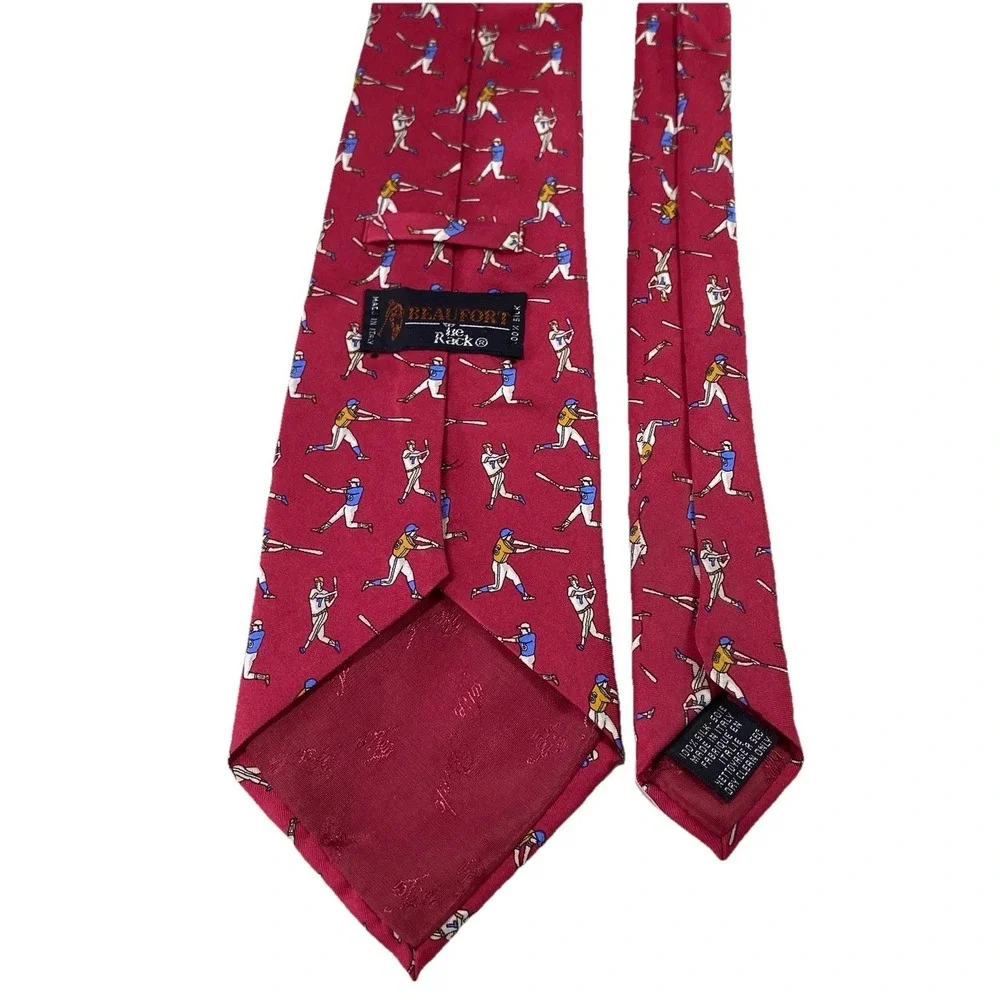 BEAUFORT Tie Rack Men's 100%‎ Silk Designer Necktie Baseball Player Red 56x3.5